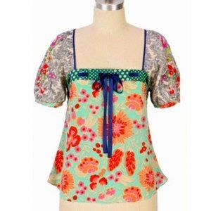 Fei for Anthropologie Silk Flores Peasant  Blouse